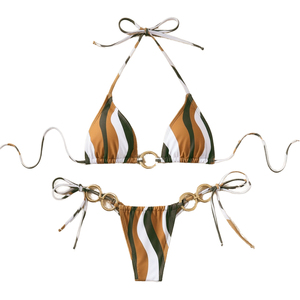 Conjunto de bikini halter sólido para mujer, traje de baño de dos piezas con cinturón decorativo, detalles de anillos con logo frontal y gasa con cinturón. - Product Image 3
