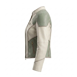 White Cream Green Panel Genuine Leather Women <b>Cafe</b> <b>Racer</b> Motorcycle <b>Jacket</b> Band Collar Zip Front Outerwear Coat - Product Image 4