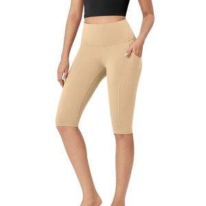 Custom Wholesale Women <b>High</b> Waist <b>Knee</b> Length Yoga Shorts With Side Pocket Breathable Stretch Gym Fitness Training Biker Shorts - Product Image 2