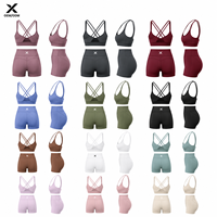 Ensemble de yoga 2 pièces XSC pour femme – Haut court sans couture taille haute et short cycliste couleur unie, bretelles spaghetti, col rond, respirant