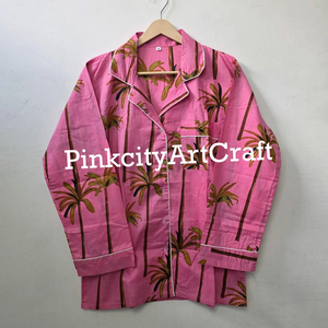 Vibrant Pink Flock Print Palm Tree Pure Cotton Summer Night Suit for Women Elegant Two-Piece Collared Pajama Set - Product Image 3