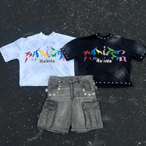 Streetwear décontracté pour hommes T-shirt imprimé à strass et short en jean ensemble en coton lavé à l'acide été recadrée en gros - Product Image 2