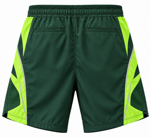 <b>Mens</b> <b>Green</b> Polyester Cotton Breathable Sport <b>Shorts</b> Neon Side Panels Mesh Inserts Elastic Waist Mid Zip Pockets Training Running - Product Image 2