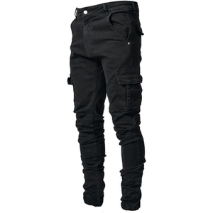 Pantalones Cargo de Mezclilla para Hombre, Corte Slim Fit, Pierna Recta, con Detalle de Bolsillo, Estilo Hip Hop Urbano, Ligeros, Lavado Medio - Product Image 3