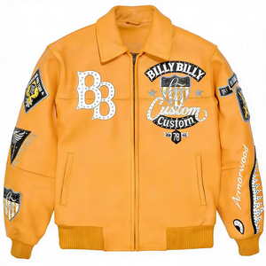 Men's Genuine Leather Bomber <b>Jacket</b> Front <b>Rhinestone</b> Embroidery Patchwork Custom Avirex Design Turn-down Collar Zipper Closure - Product Image 1