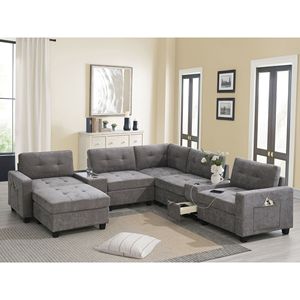 โซฟาแบบแยกส่วน 104 ชิ้น พร้อมโต๊ะอะคริลิค ผ้าเชนิลล์ รูปตัวยู ชุดโซฟา 2 ที่นั่ง พร้อมช่องเก็บของและที่ชาร์จ USB สำหรับห้องนั่งเล่น - Product Image 3