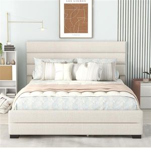 Letto matrimoniale imbottito beige con piattaforma, letto estraibile singolo, due cassetti, morbido e confortevole, design semplice con contenitore - Product Image 3