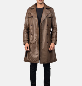 Abrigo de Cuero Genuino para Hombre, Estilo Gabardina, Doble Botonadura, Solapa con Muescas, Cinturón, Largo hasta la Rodilla, Corte Regular, Impermeable y Transpirable - Product Image 5