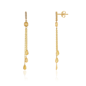 Latest Women's Design Light Weight Yellow Sapphire & <b>Diamond</b> Triple Link Chain Drop <b>Earrings</b> Real K14 Solid Gold Bulk Jewelry - Product Image 3