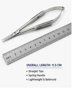 Tijeras de Precisión Rolleo con Resorte Recto, 11.5 cm, Acero Inoxidable, Punta Fina, Instrumento de Microdisección - Product Image 2