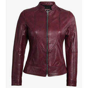 Wholesale Real Sheepskin Leather Women’s <b>Jacket</b> - Stand Collar Tailored Fit Burgundy High-Quality Outerwear - Product Image 2