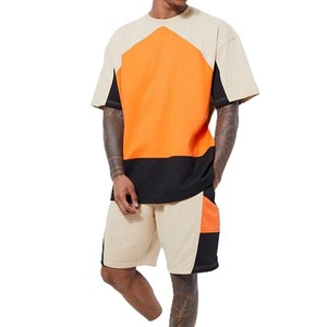 Ensemble deux pièces pour hommes, orange et beige, t-shirt à manches courtes et short, style décontracté, streetwear d'été - Product Image 5