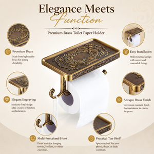 Porte-papier toilette mural en laiton de luxe avec étagère de rangement, support élégant pour rouleau de papier toilette antique, accessoire de salle de bain raffiné - Product Image 5