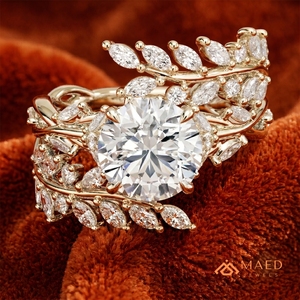 Bague en Moissanite à Coupe Ronde, Bijou Fin en Or pour Femme, Motif Feuille Florale, Cadeau de Fiançailles, Bijou de Mode Chic et Luxueux - Product Image 3