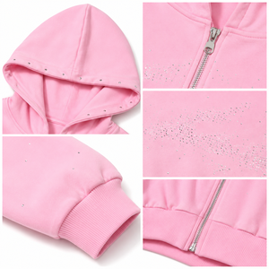 Custom Logo Women's Pink Rhinestone <b>Zip</b> <b>Up</b> <b>Cropped</b> Hoodie Y2K Streetwear Long Sleeve Loose Fleece Short Sweatshirt Wholesale - Product Image 4