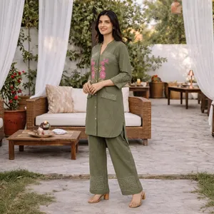 Women's Olive Green Embroidered <b>Linen</b> Cotton Kurta <b>Set</b> Three Quarter Sleeve Floral Design Casual Spring Summer Outfit - Product Image 3