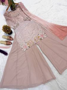 Sharara en soie rose avec broderie, tenue de mariage traditionnelle indienne et pakistanaise pour femmes, longueur au sol, coupe classique, style élégant - Product Image 6