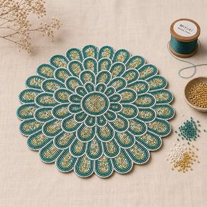 Handmade Bohemian <b>Round</b> Beaded <b>Table</b> Mat Teal Gold Fabric Decor 450mm - Product Image 1