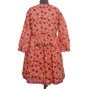 Hermoso Vestido Vintage de Mujer, 100% Algodón Tejido, Corte en A, Estampado Floral Hecho a Mano, Cuello Redondo, Mangas Abullonadas, para Vacaciones, Playa - Product Image 5