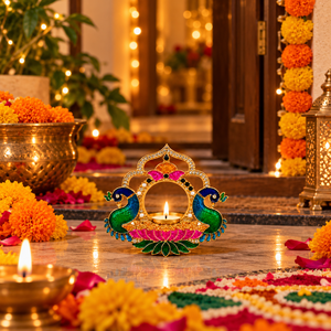 Diya en laiton à double motif paon et travail miroir pour la décoration de la maison à Diwali, la décoration festive de la Puja et les cadeaux traditionnels indiens pour Diwali ! - Product Image 2