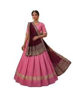 Lehenga Choli en soie rose avec dupatta bordeaux, longueur ras du sol, tenue de mariage traditionnelle pour femmes, style Inde Pakistan - Product Image 3