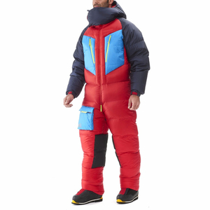 Mono de esquí para hombre con bloques de color rojo y azul, relleno de plumón, cortavientos, con capucha, cierre de cremallera, tecnología impermeable, 160g, personalizable - Product Image 3