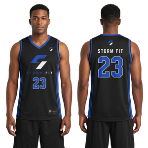 Maillot de basketball personnalisé noir pour homme, col en V, sans manches, sublimé, 23, respirant, anti-humidité, 100 % polyester, athlétique - Product Image 1