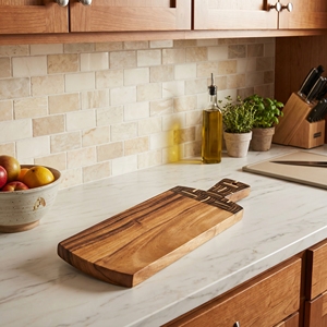 Food Grade Suar Wood Long Cutting Board With Coconut <b>Shell</b> Dark And White Inlay Catur Pattern <b>Light</b> Brown For Kitchen And Dining - Product Image 4