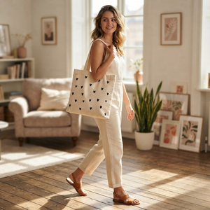 Black Heart Print Cotton Canvas Tote <b>Bag</b> Eco Friendly Cream Large Capacity Women Cute Pattern Shoulder Handbag Reusable Tote - Product Image 2