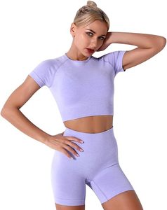 Ensemble de yoga 2 pièces pour femme, couleur unie, haut court à manches courtes et short cycliste, coupe ajustée, séchage rapide, effet push-up fessier, fitness, OEM - Product Image 2