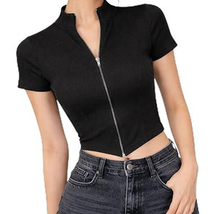 Women Cropped <b>Zipper</b> Tee Summer Slim Fit Half Sleeve <b>Top</b> Women Front Zip Crop T-Shirt Casual Streetwear <b>Top</b> For Online Sale - Product Image 1