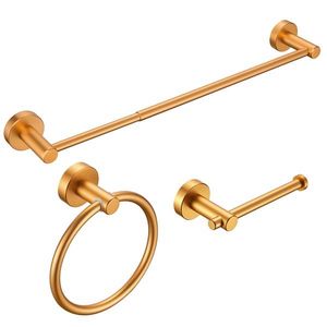 Set di Accessori per Bagno in Alluminio Spesso, 3 Pezzi, Portasciugamani Regolabile da 16-27 Pollici in Oro Spazzolato con Accessori - Product Image 1