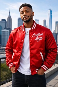 Blouson universitaire d'hiver en satin rouge à col montant, personnalisable avec nom et logo sur le devant, style Letterman Bomber - Product Image 2