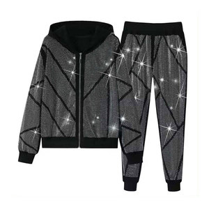Fashion Wear Men Winter Casual Solid Rhinestone Tracksuit Hooded Breathable Shiny Hoodie and Pants Set - Product Image 1