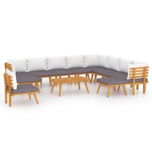 Ensemble de salon de jardin en teck 8 places, mobilier d'extérieur au design contemporain, structure en bois massif, coussins gris foncé, oreillers blancs - Product Image 2