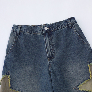 Shorts en jean patchwork taille haute pour homme, déchirés et usés, style décontracté d'été, en coton lavé - Product Image 5