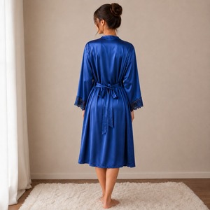 Elegante Conjunto de Bata de Dormir para Mujer con Cuello en V, Cierre con Cordón, Transpirable, Ligero, con Detalles de Encaje Satinado, Cómodo para el Hogar - Product Image 4