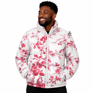 Chaqueta Acolchada Floral Unisex con Logotipo Personalizado de la Hermandad Masónica, Estampado Blanco y Rojo, Cierre de Cremallera, Cuello Alto, Ropa de Invierno - Product Image 4