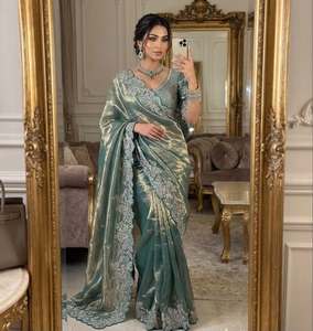 Sari en satin de soie avec broderie de designer à sequins et fils multiples, travail Zari, et chemisier brodé entièrement cousu - Product Image 1