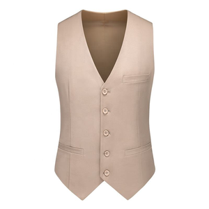 Costume trois pièces beige pour homme, style britannique, simple boutonnage, col à revers, tenue de cérémonie professionnelle, en polyester tissé infroissable - Product Image 4