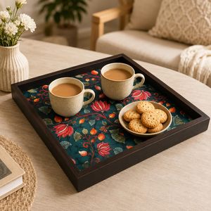 Plateau de rangement carré en bois, motif floral, finition laquée, style moderne, utilisation en cuisine, multifonctionnel, compatible lave-vaisselle, capacité 0-1L - Product Image 2