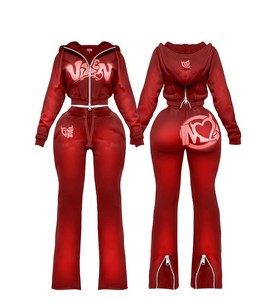 Custom Clothing Manufacturers Distressed Patch Acid Wash <b>Zip</b> <b>up</b> Hoodie and Sweatpants Set Rhinestone <b>Cropped</b> Sweatsuit Set Women - Product Image 5