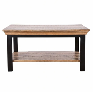 Table basse moderne industrielle en métal et bois de manguier avec pieds pliants et finition noire et naturelle pour salon et maison - Product Image 4