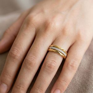 Yellow Gold Triple Row Lab Grown Diamond Geometric Wide Band Ring - Product Image 5
