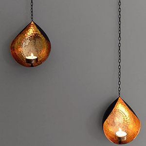 Handmade Hammered Copper Teardrop Hanging <b>Tea</b> Light Candle Holder Set of 2 Decorative Wall Hanging Lantern for Home Decor - Product Image 4