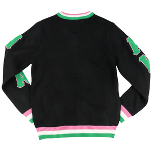 Pull en laine noir à col en V AKA avec bordure rose et verte, pull tricoté pour femmes de la sororité grecque, doux, chaud, élégant, coupe décontractée, idéal pour tous les jours - Product Image 2