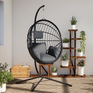 Fauteuil suspendu en forme d'œuf anthracite avec corde en acier noir et rotin, chaise confortable pour la décoration de la maison - Product Image 1