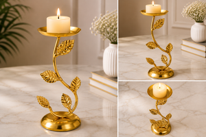 Porte-bougie de luxe en métal avec finition dorée et motif feuille – Décoration de table pour mariage, fêtes et dîners – Support à bougie de haute qualité - Product Image 3