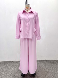 Ensemble deux pièces tissé vintage pour femme, chemise à manches longues boutonnée et pantalon large, grandes tailles, tenues décontractées écologiques S-2XL - Product Image 2