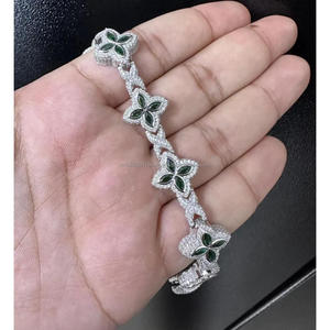Luxury Fully Iced Out Clover Bracelet Moissanite Diamond Green Sapphire Accents Gold Plated Fashion Jewelry <b>Men</b> Women's Wedding - Product Image 1
